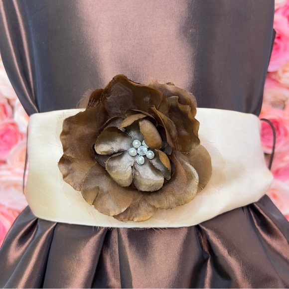 Little Girls Ankle Length Brown Taffeta Dress - Picture 4 of 8